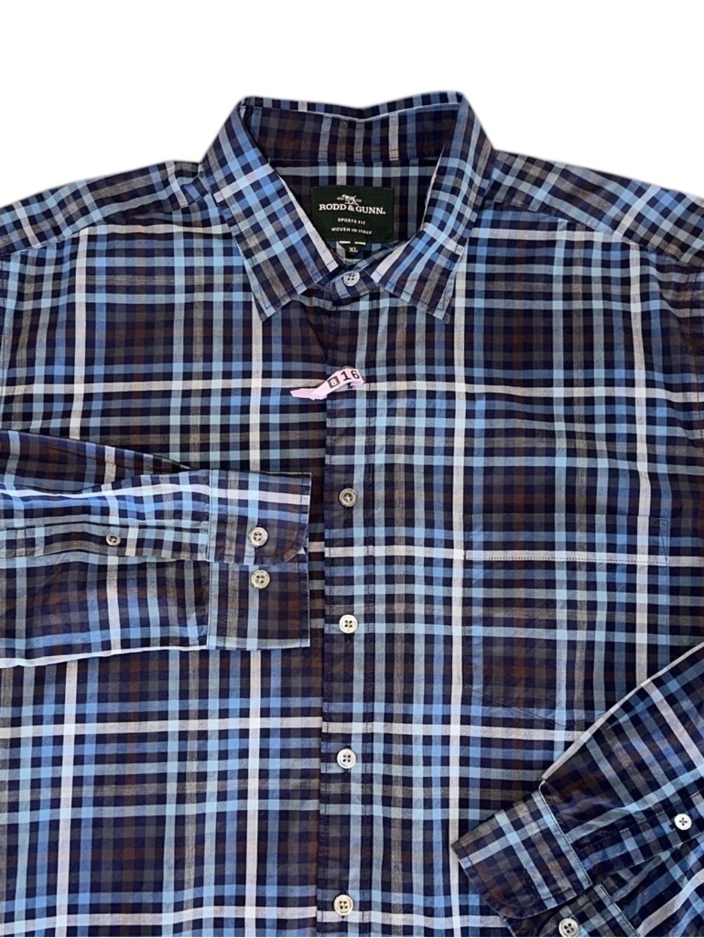 Rodd & Gunn Mens Shirt Cotton Blue Brown Plaid Long Sleeve Button Up Sz XL
